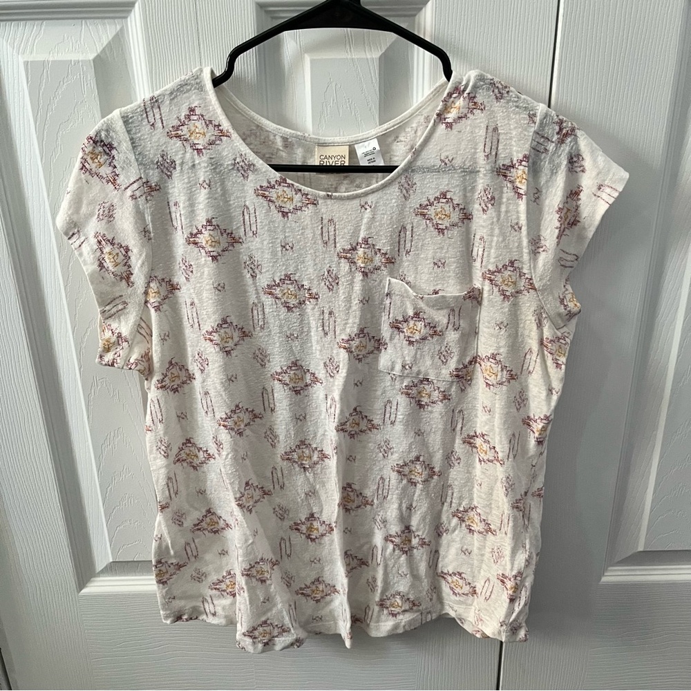 Canyon River Blues Cream Top with Purple and Yellow Pattern